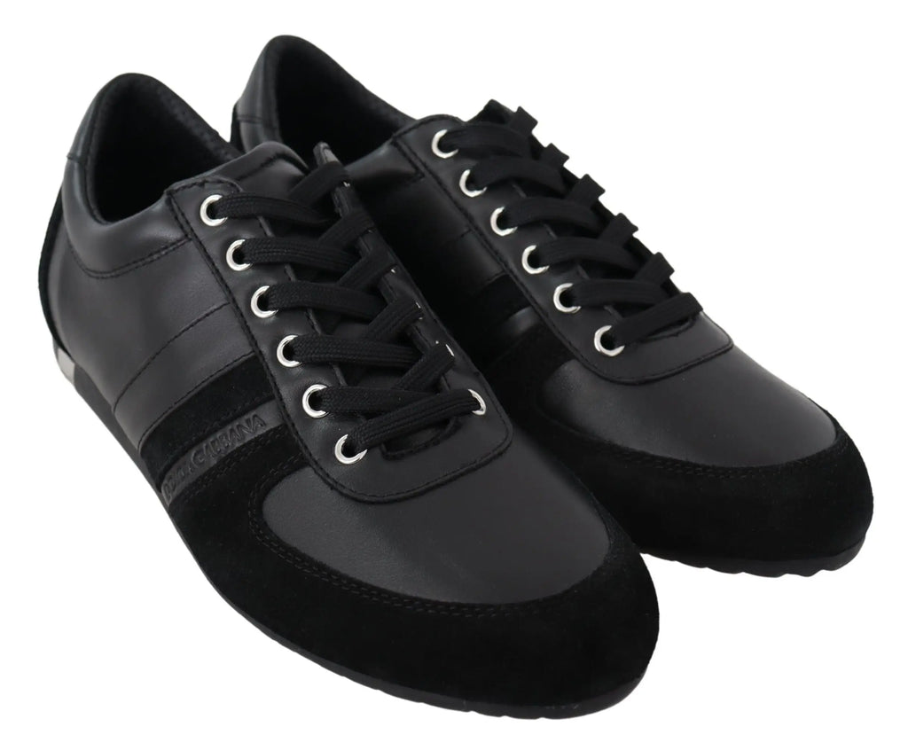 Dolce & gabbana baskets décontractées noires en cuir et daim avec œillets argentés