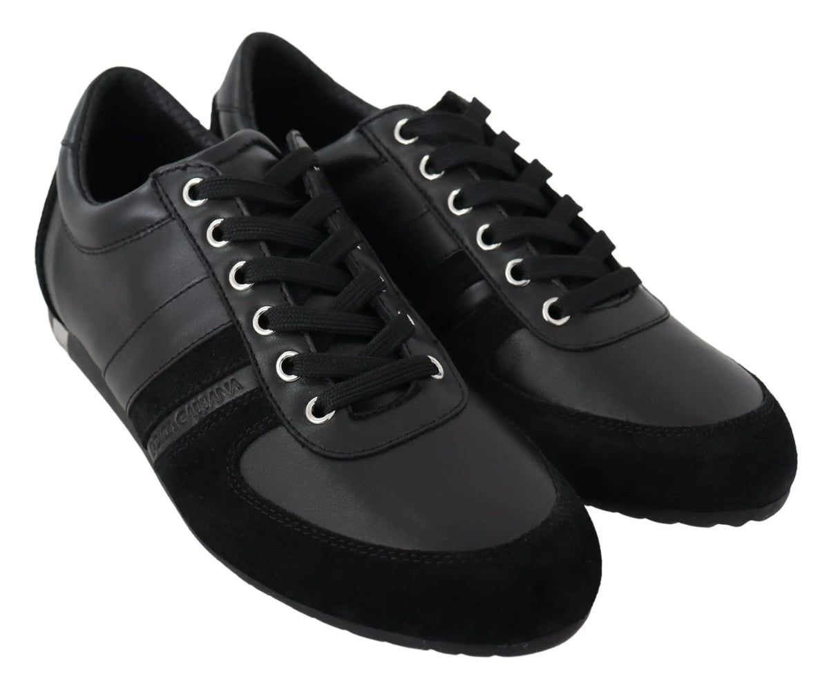 Dolce & gabbana baskets décontractées noires en cuir et daim avec œillets argentés
