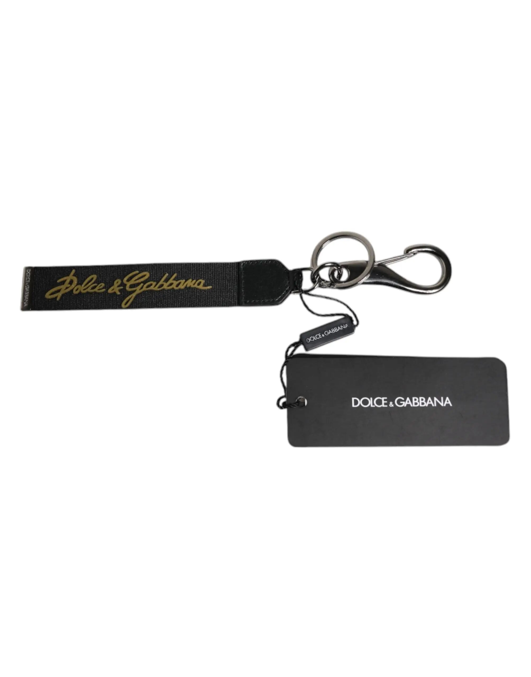 Dolce & gabbana porte-clés homme en nylon noir avec logo doré sur sangle tissée et ferrures en laiton argenté