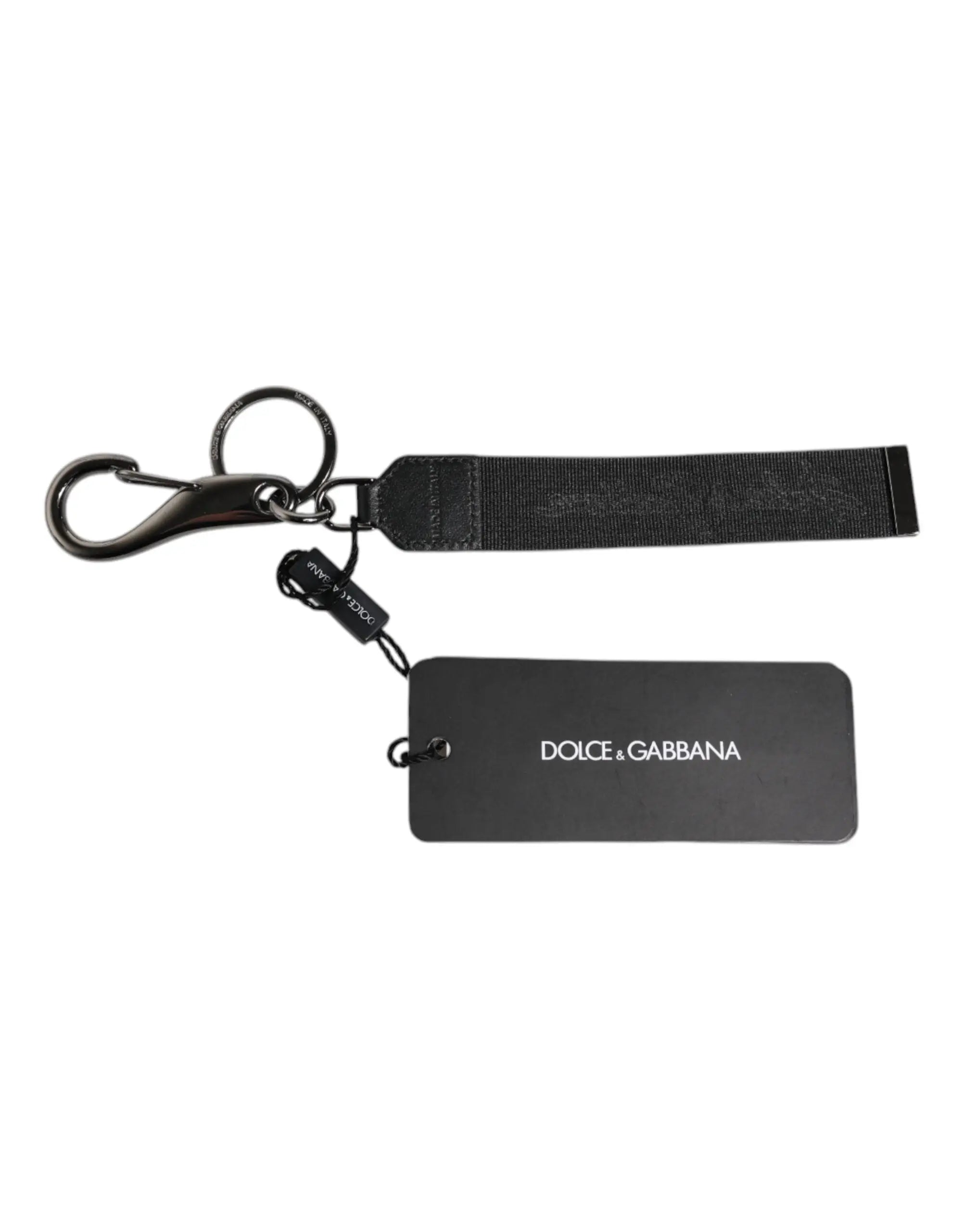 Porte-clés dolce & gabbana noir en nylon avec logo, crochet en métal argenté et sangle tressée pour homme