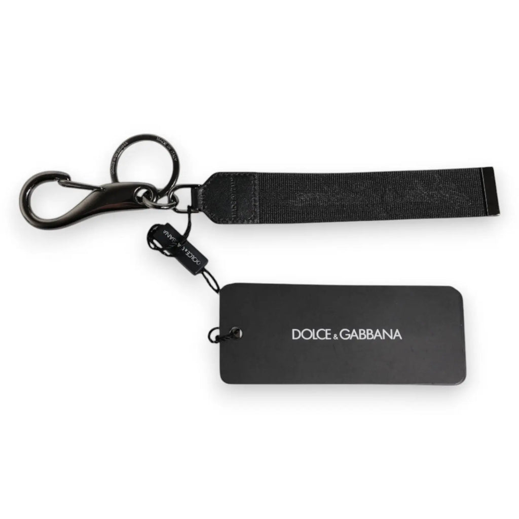 Porte-clés dolce & gabbana noir avec crochet en métal mat et sangle tissée en nylon pour homme en laiton argenté