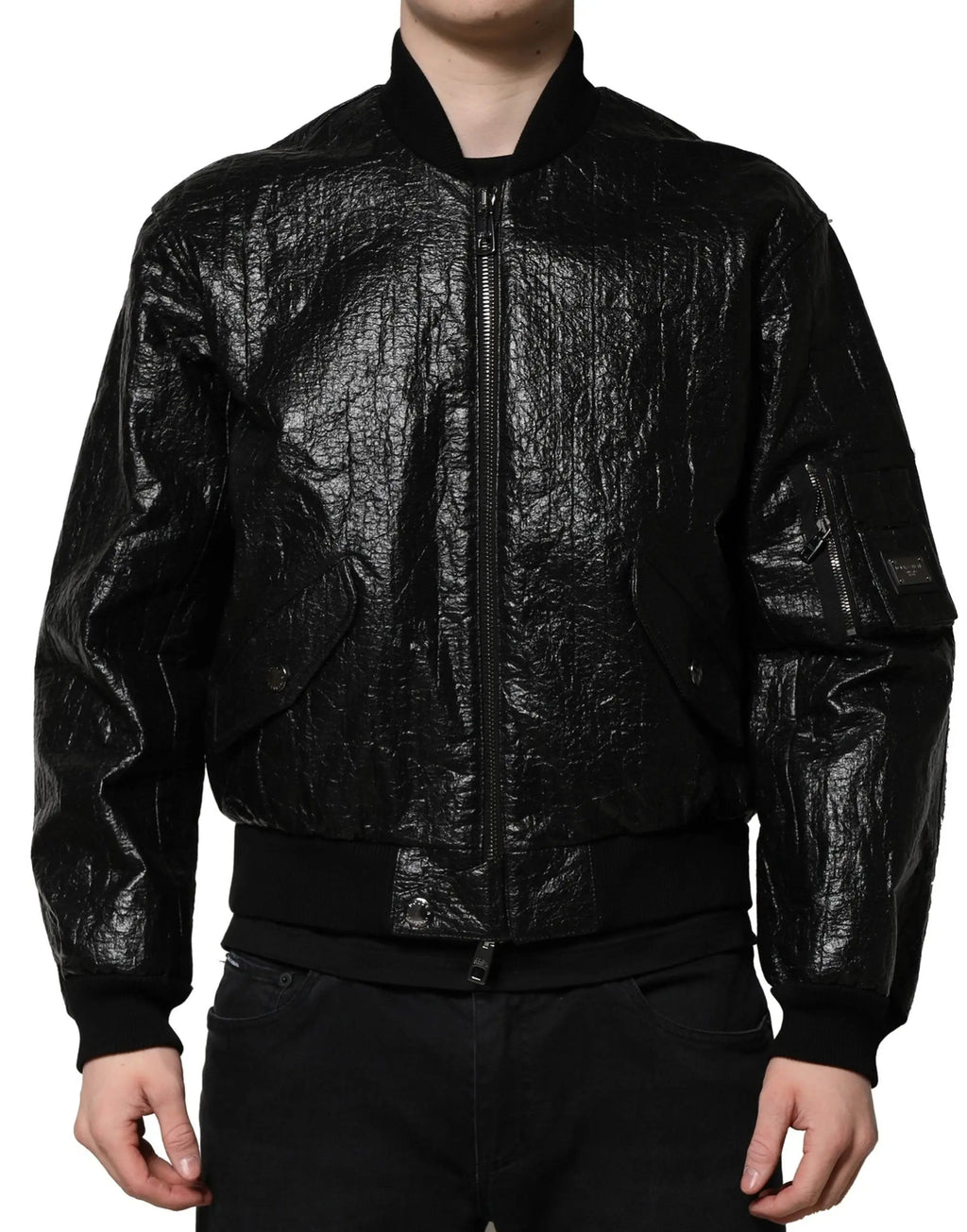 Veste bomber dolce & gabbana noire avec texture brillante froissée et poignets côtelés fermeture éclair complète
