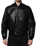 Veste bomber dolce & gabbana noire avec texture brillante froissée et poignets côtelés fermeture éclair complète