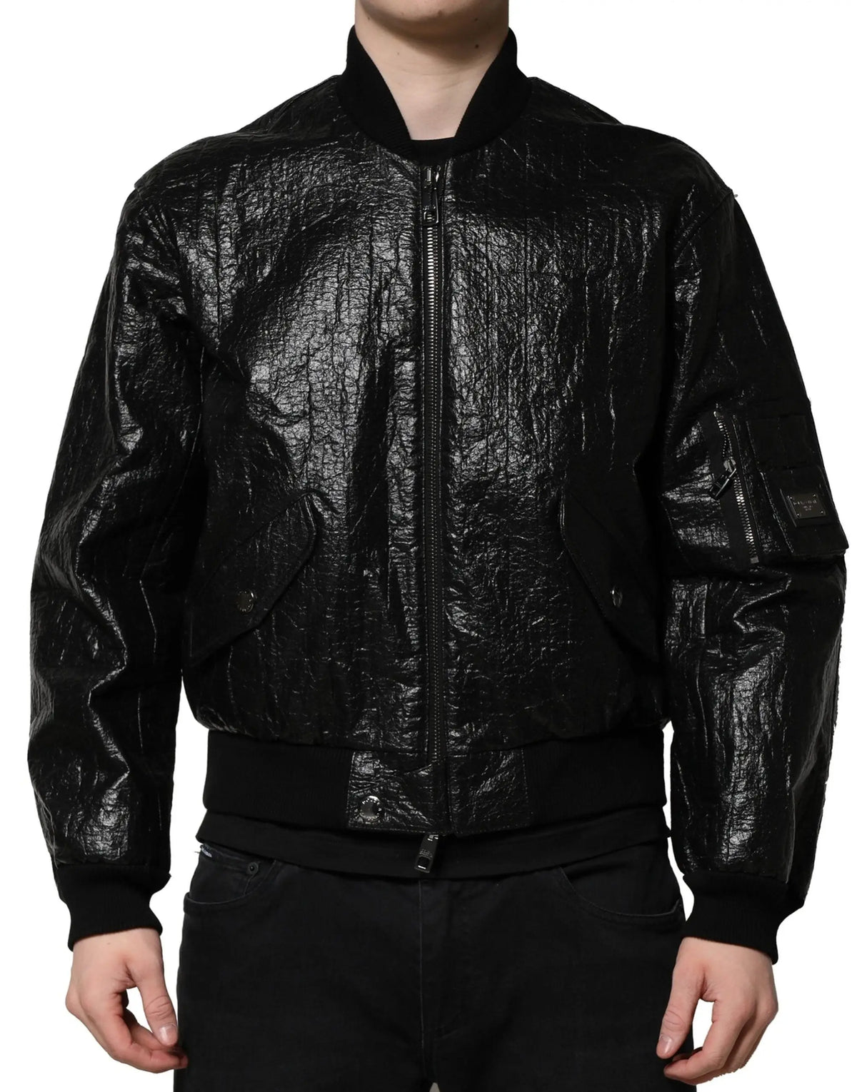 Veste bomber dolce & gabbana noire avec texture brillante froissée et poignets côtelés fermeture éclair complète