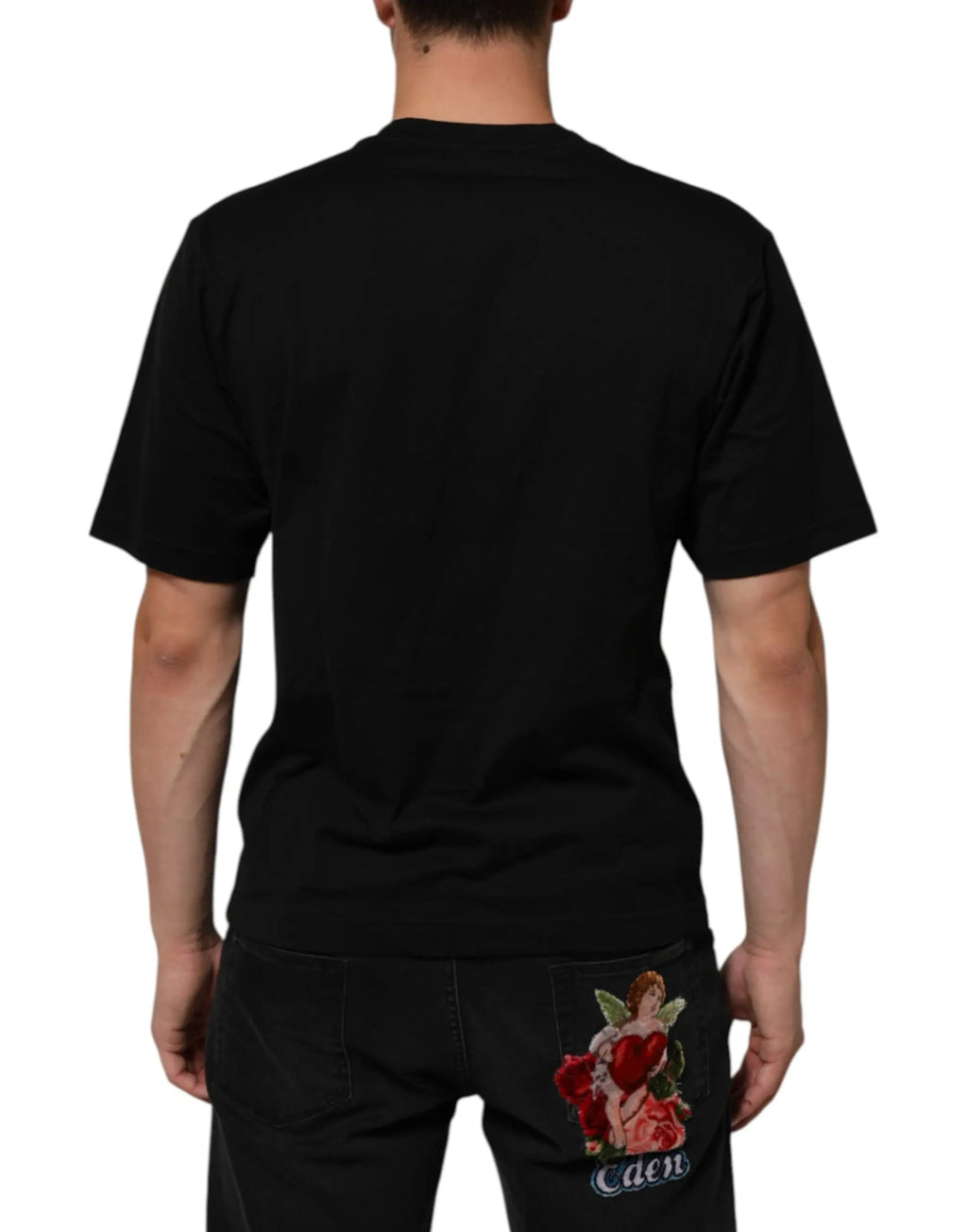 T-shirt noir dolce & gabbana en coton avec logo plaque, dos brodé cherub rouge et or tenant des roses, caden blanc