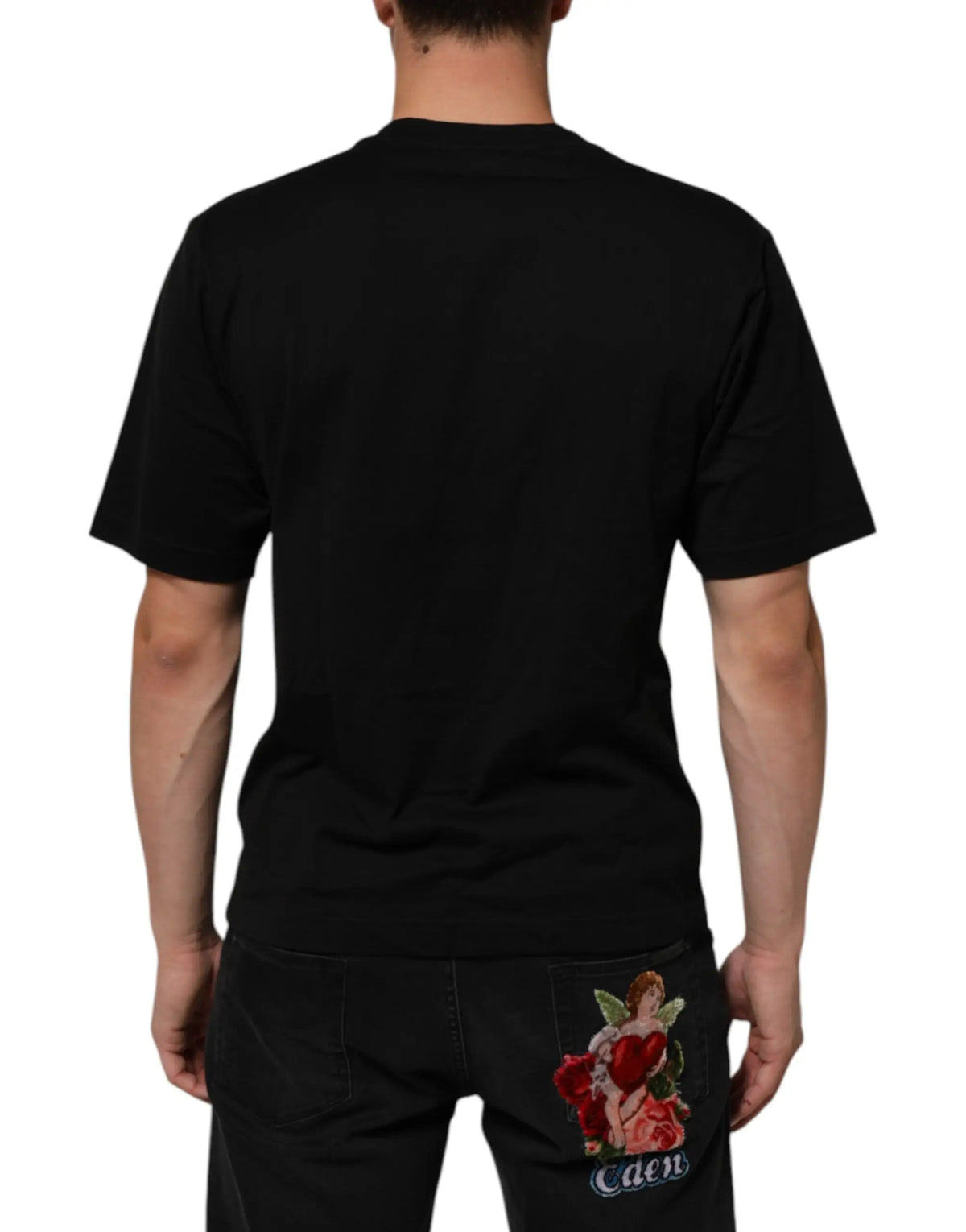 T-shirt noir dolce & gabbana en coton avec logo plaque, dos brodé cherub rouge et or tenant des roses, caden blanc