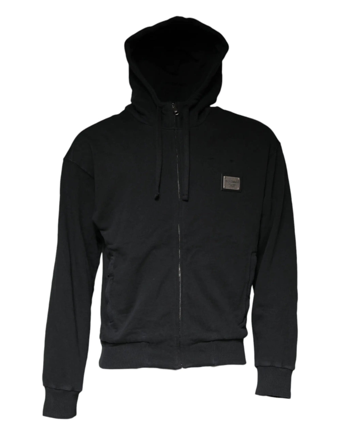Dolce & Gabbana sweat à capuche noir zippé avec doublure en peluche et plaque métallique rectangulaire logo