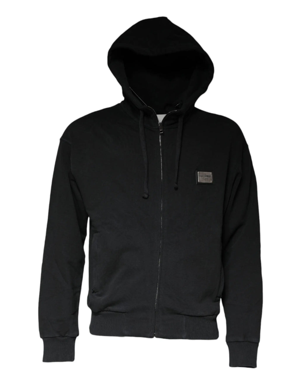 Dolce & gabbana sweat à capuche zippé noir avec plaque métallique rectangulaire logo sur la poitrine gauche