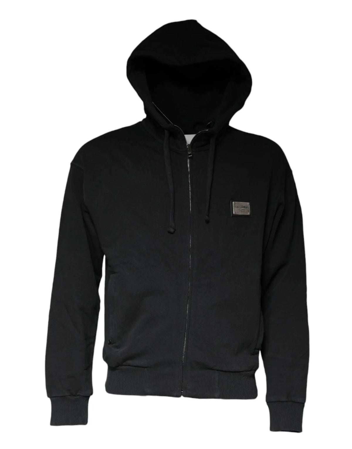 Dolce & Gabbana sweat à capuche zippé noir avec patch métallique rectangulaire logo sur la poitrine gauche