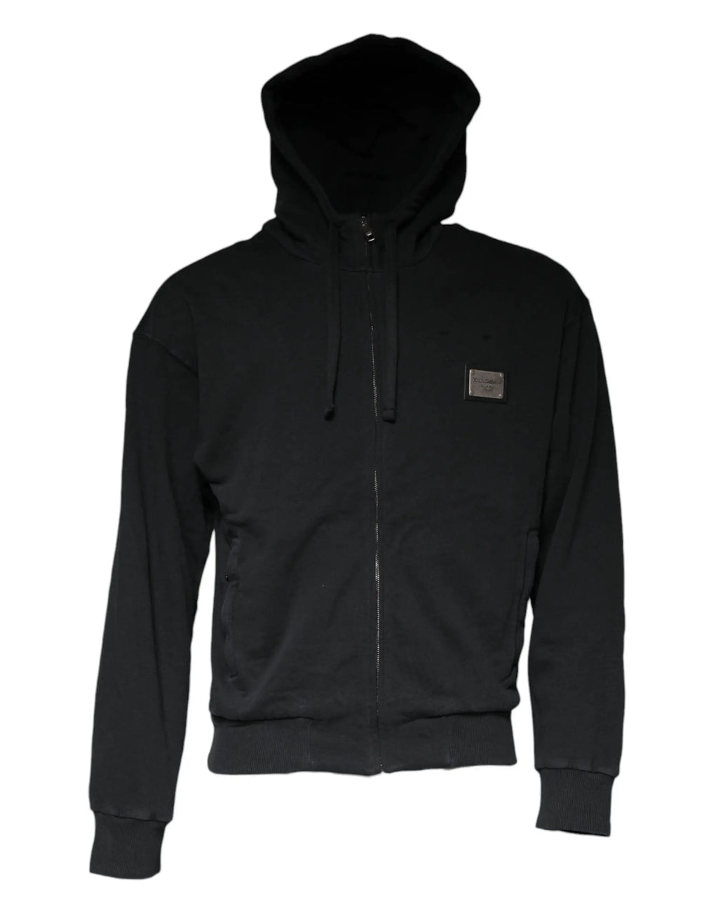 Dolce & gabbana hoodie zippée noire avec capuche doublée en peluche et plaque métallique sur la poitrine