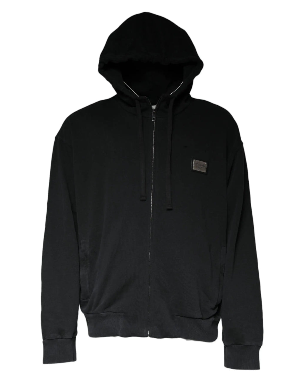 Dolce & gabbana sweat à capuche zippé noir avec patch texturé sur la poitrine gauche et poignets côtelés