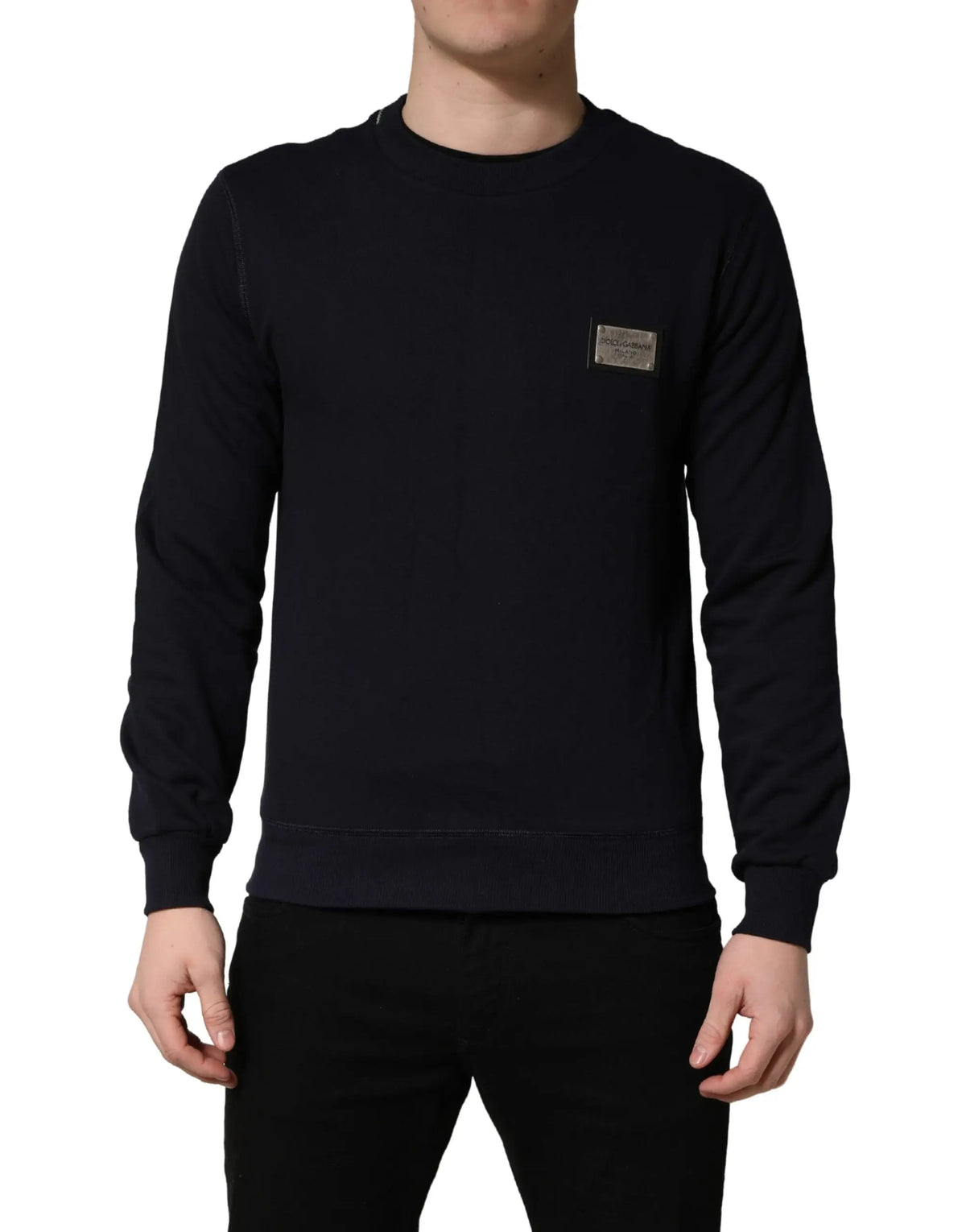 Sweatshirt dolce & gabbana noir en coton avec plaque logo métallique sur la poitrine
