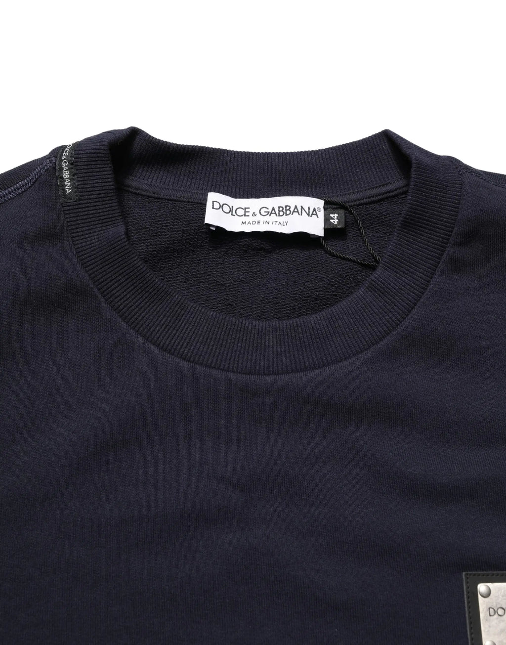 Sweatshirt dolce & gabbana noir en coton avec col côtelé et patch en cuir logo plaque sur le bas à droite