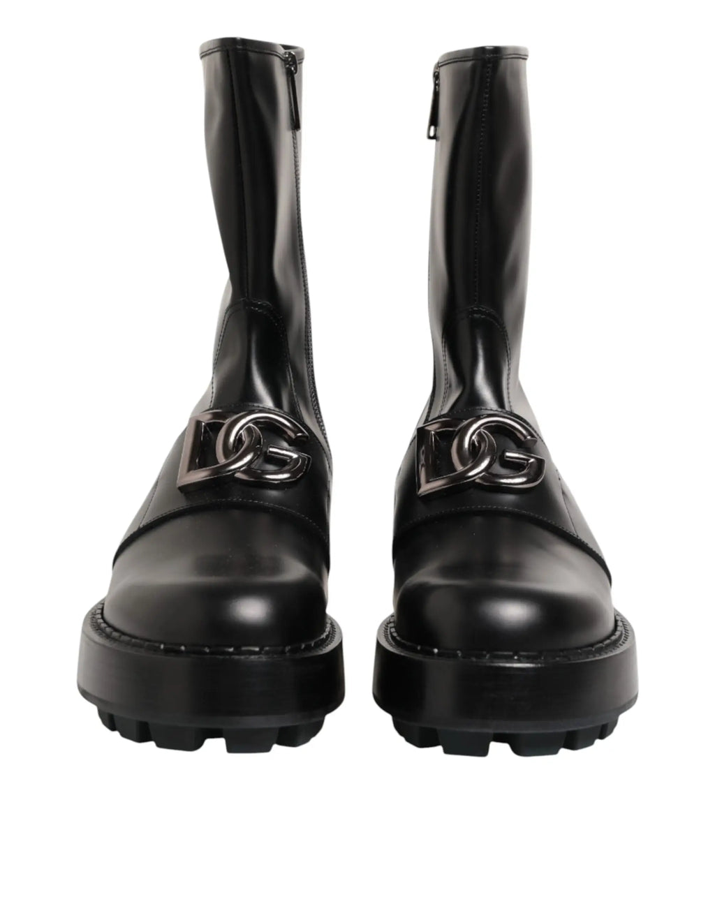 Bottes motard mi-mollet dolce & gabbana en cuir noir brillant avec boucle logo dg argentée