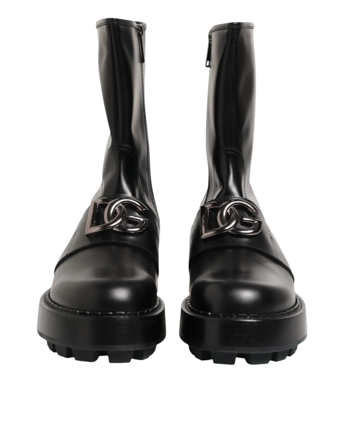 Bottes motard mi-mollet dolce & gabbana en cuir noir brillant avec boucle logo dg argentée