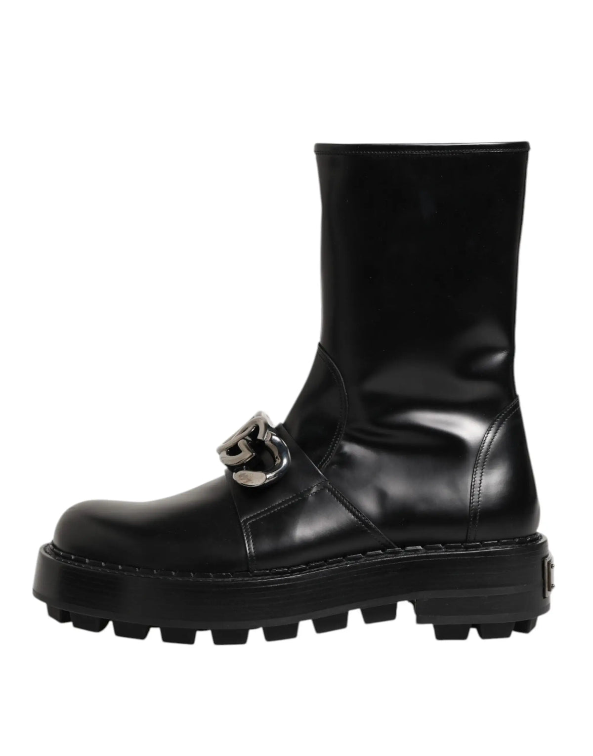 Bottine noire en cuir verni avec plateforme épaisse et boucle chaîne argentée dolce gabbana biker