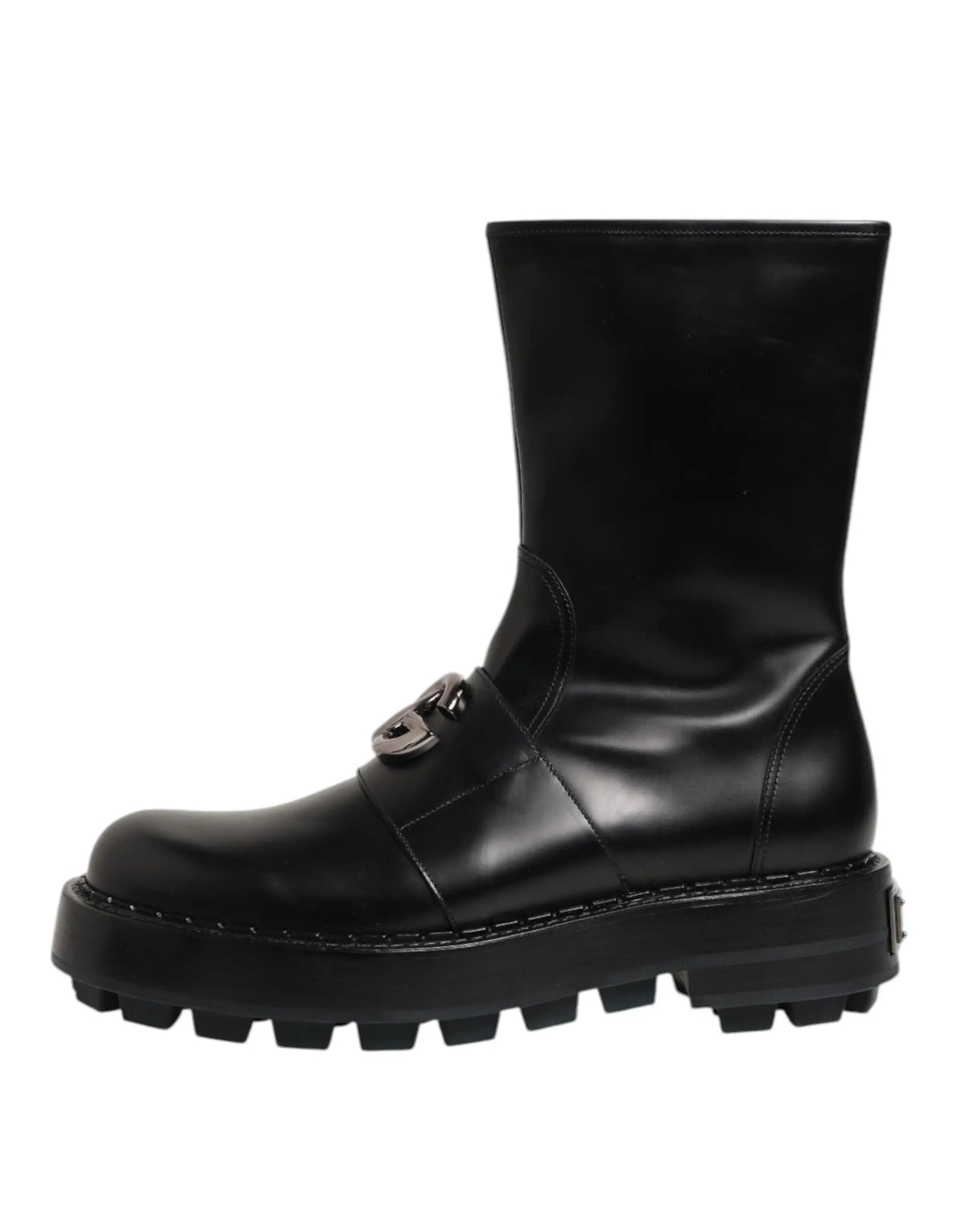 Dolce & gabbana bottes motard mi-mollet en cuir noir avec plaque logo et boucle métal argenté sur semelle en caoutchouc épaissie