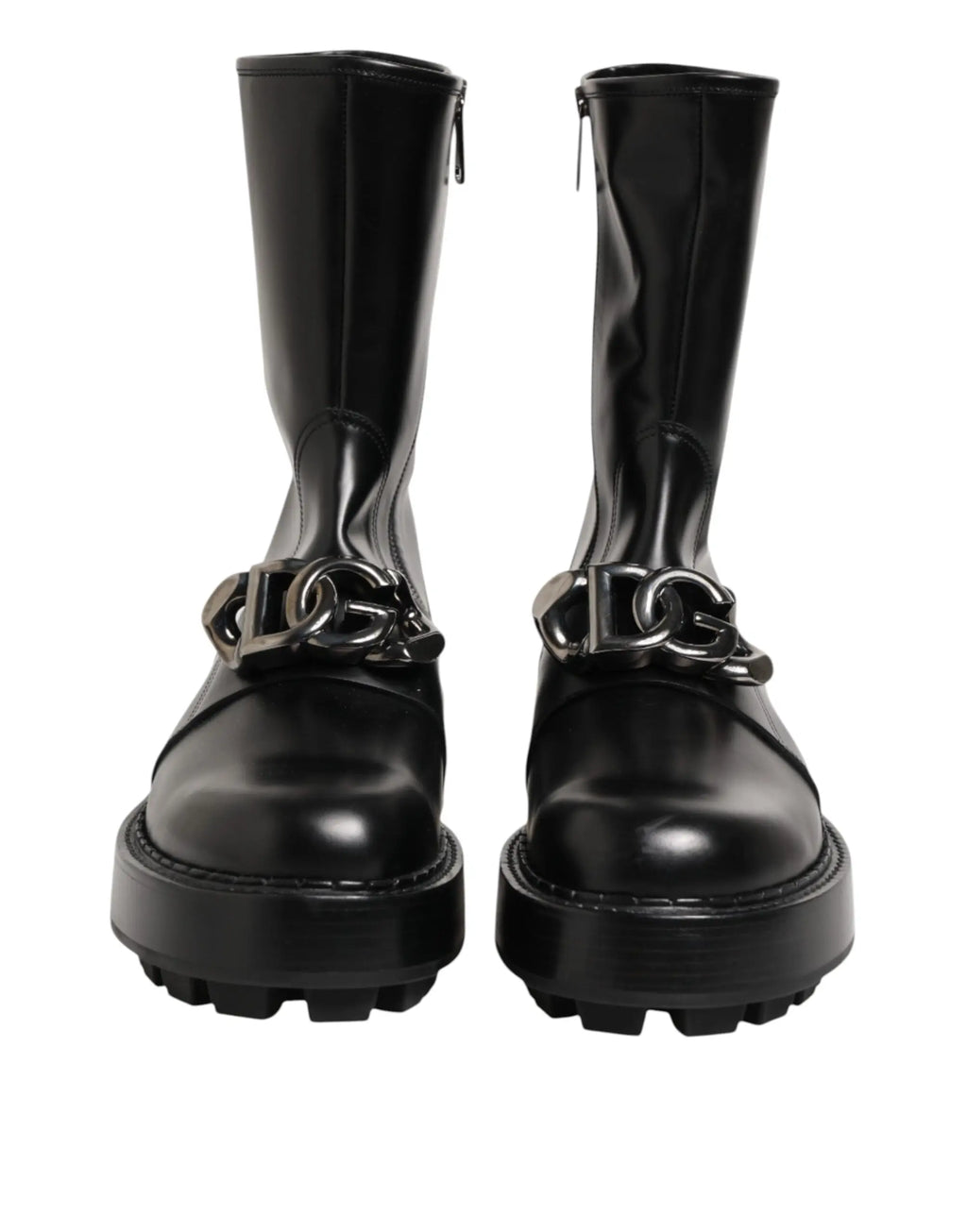 Dolce & gabbana bottes biker mi-mollet en cuir verni noir avec semelle plateforme épaisse et boucle chaîne dg métallique