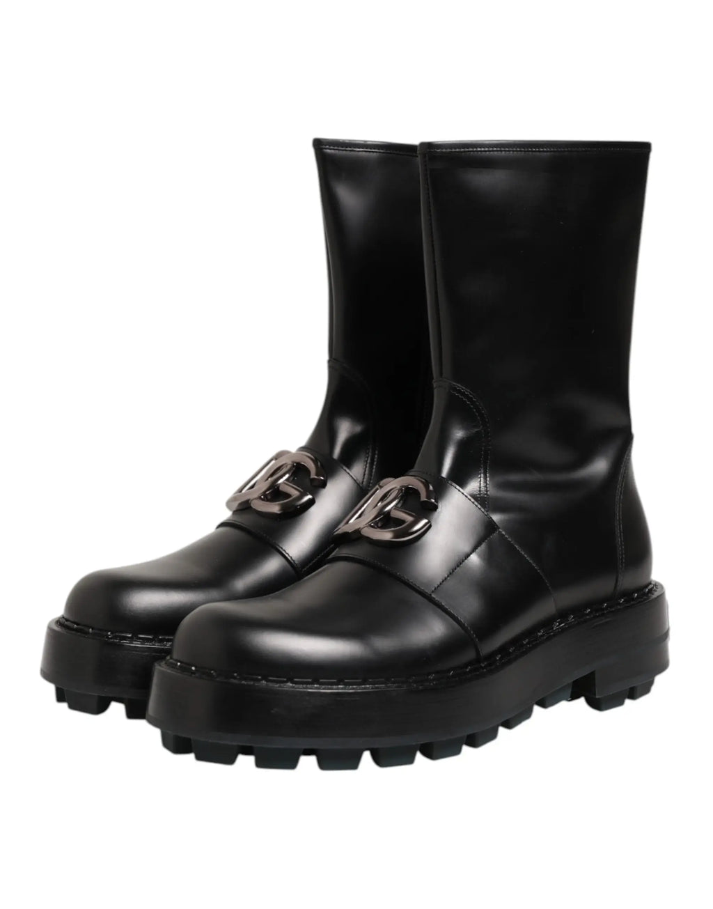 Bottes mi-mollet biker dolce & gabbana noires en cuir verni avec semelle plateforme et boucle logo dg métallique