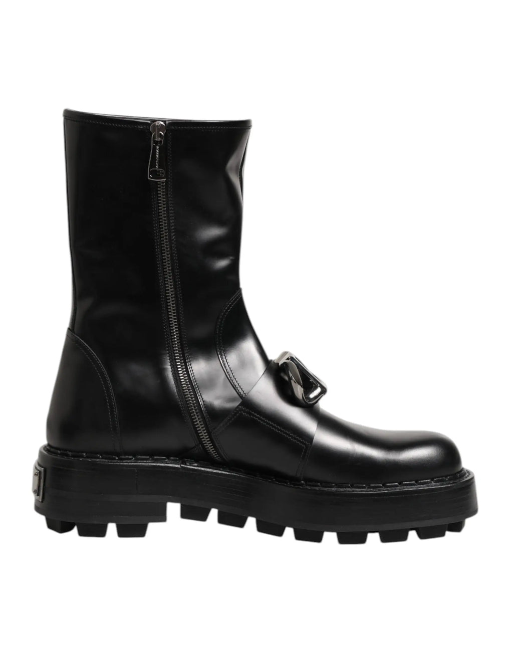 Bottes biker mi-mollet dolce & gabbana en cuir verni noir avec semelle en caoutchouc épaisse et boucle métallique
