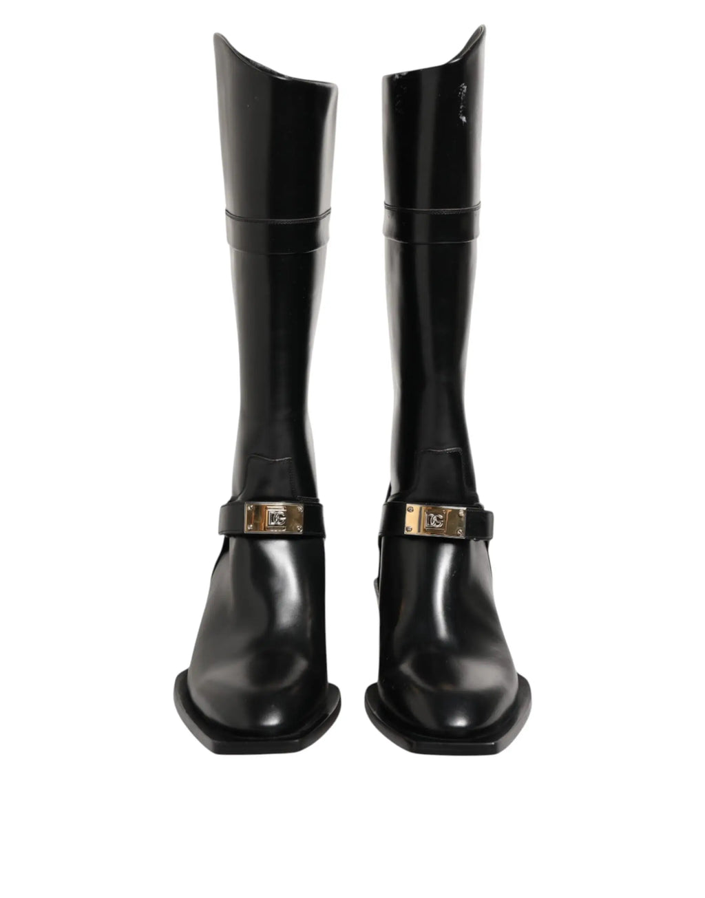 Dolce & gabbana bottes montantes en cuir verni noir avec plaques logo et boucles dorées sur le mollet