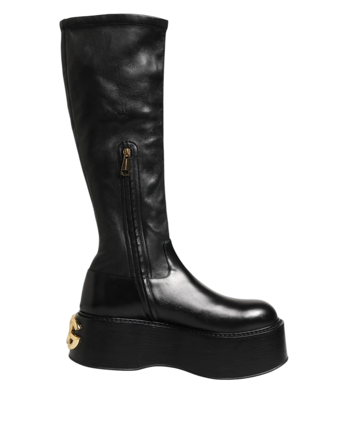 Dolce & gabbana bottes noires en cuir avec logo doré sur le talon vue arrière