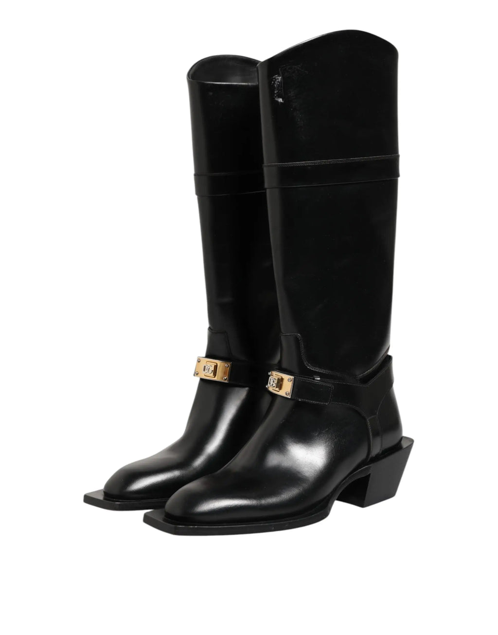 Bottes Dolce & Gabbana noires en cuir avec logo plaque et détails en métal doré au-dessus du mollet