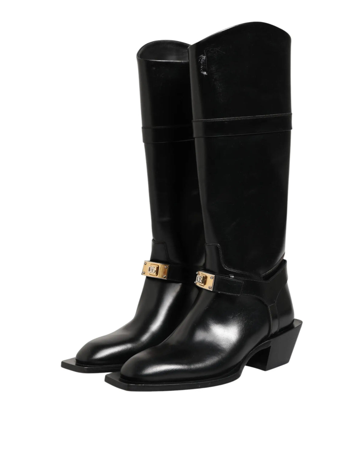 Bottes Dolce & Gabbana noires en cuir avec logo plaque et détails en métal doré au-dessus du mollet