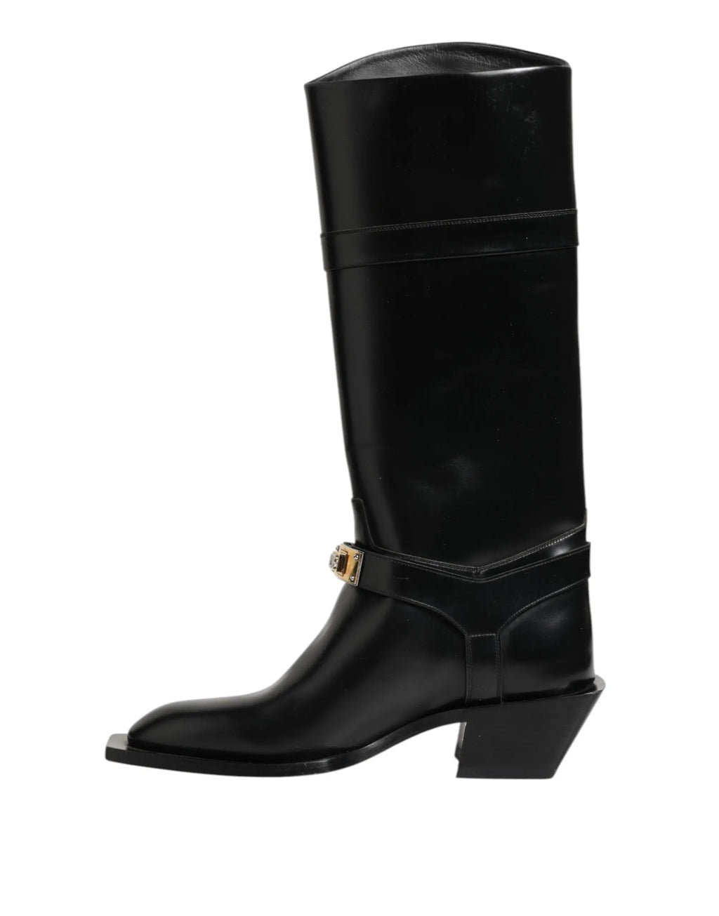 Dolce & gabbana bottes noires en cuir verni au-dessus du genou avec boucle dorée et plaque logo