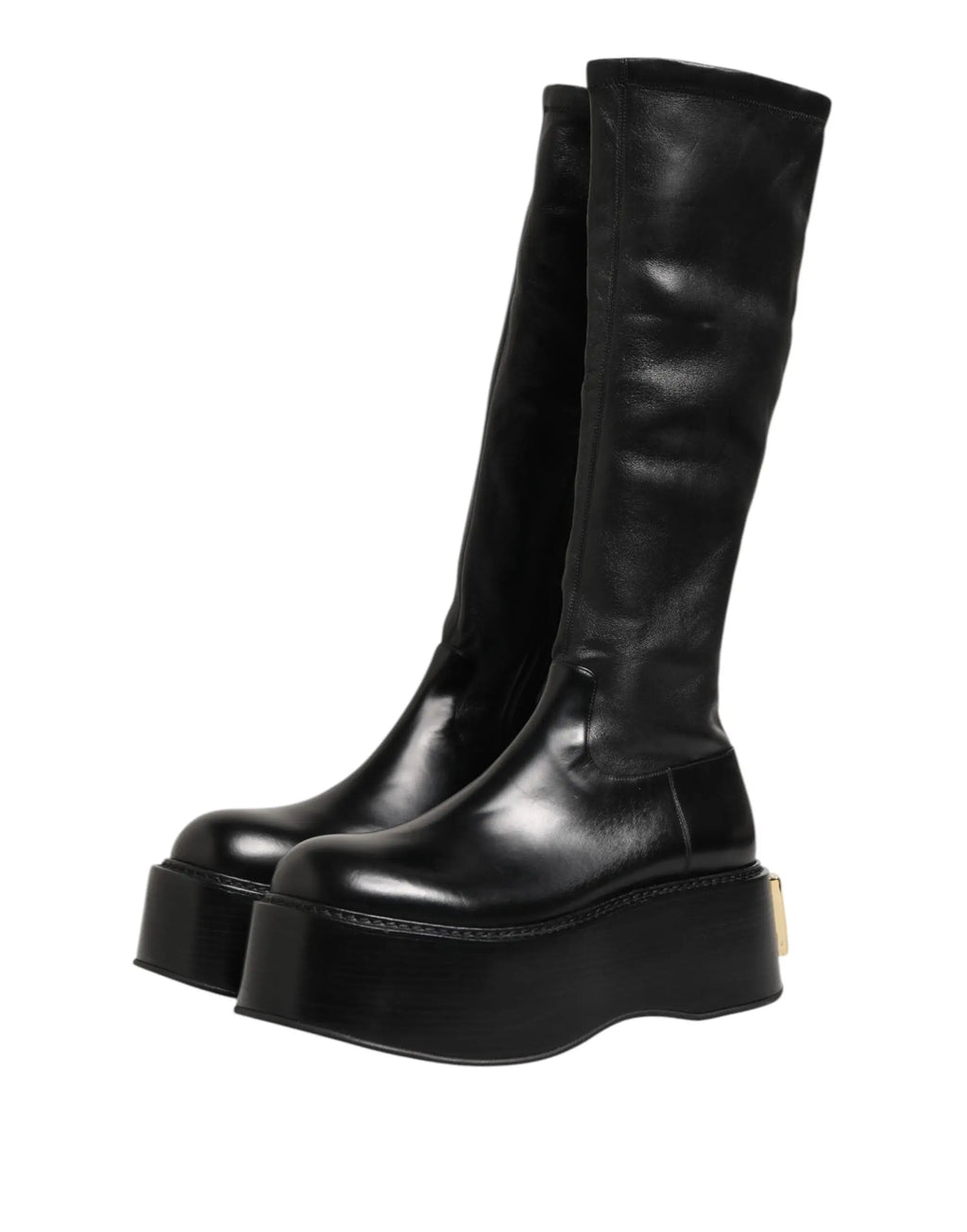 Dolce & gabbana bottes noires en cuir verni sur le mollet avec plateforme et détail doré au talon