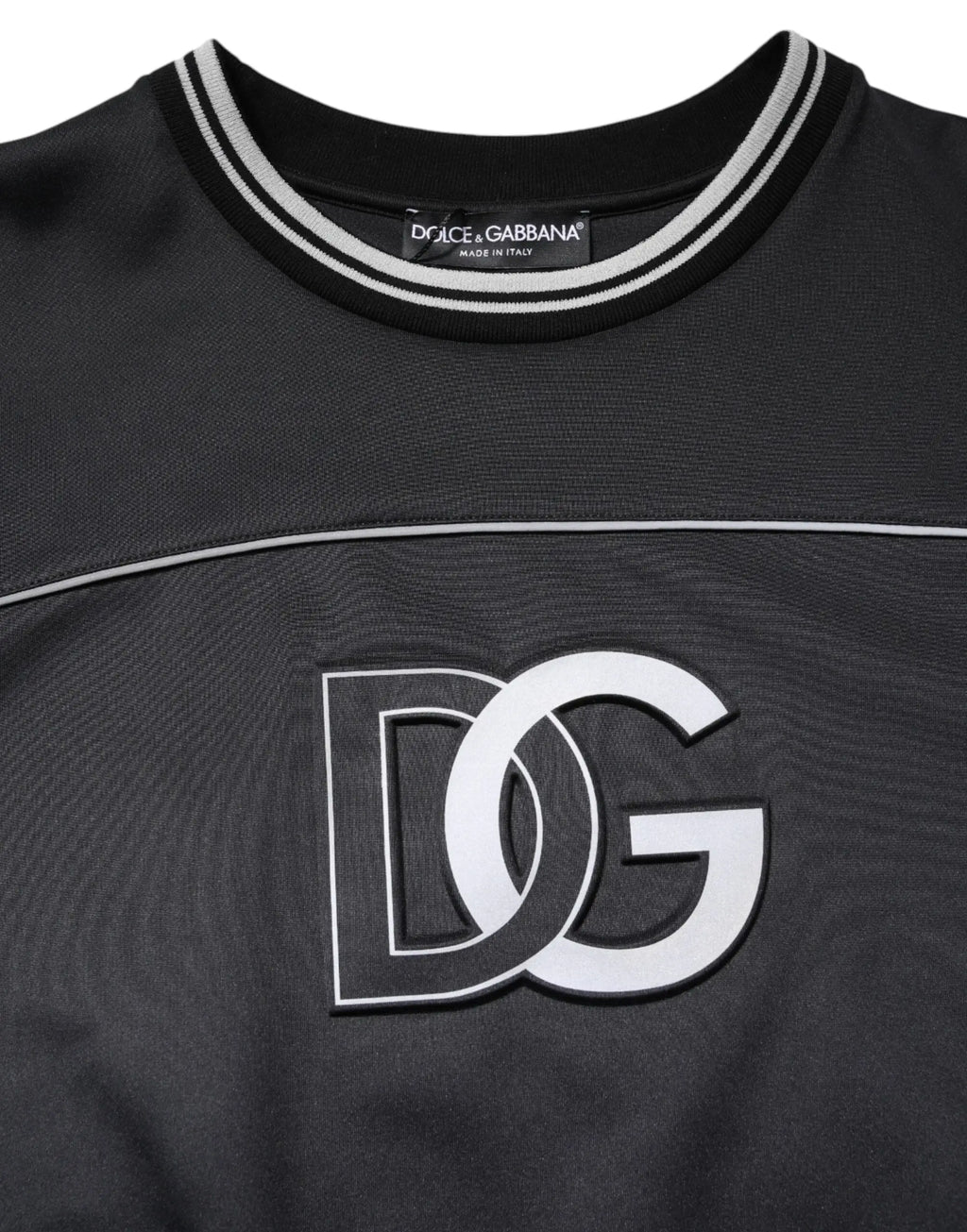 Dolce & Gabbana sweat noir en polyester pour homme avec logo dg blanc, bordure noire et piping argenté col rond