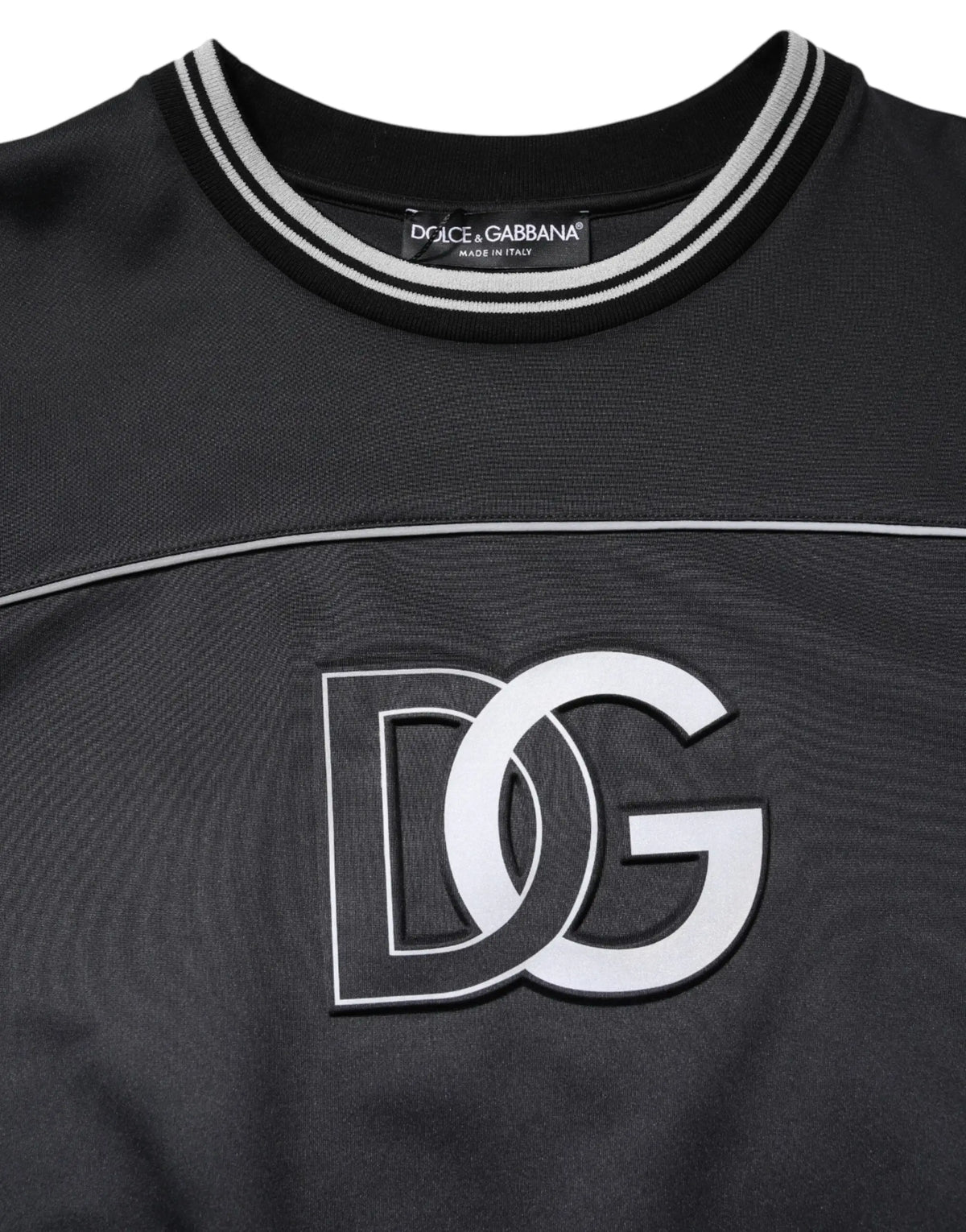 Dolce & Gabbana sweat noir en polyester pour homme avec logo dg blanc, bordure noire et piping argenté col rond