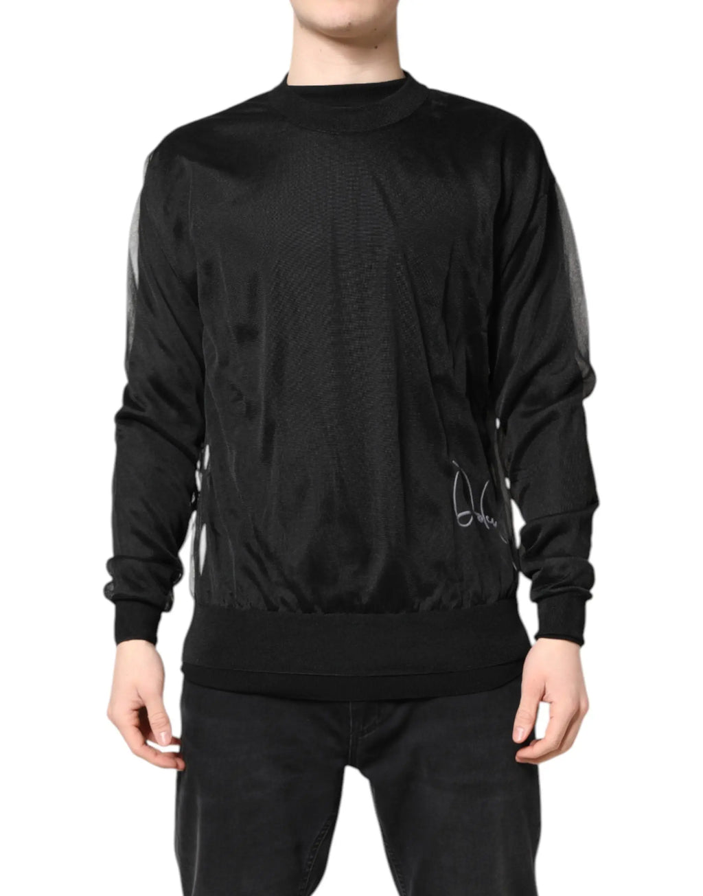 Dolce & Gabbana sweat-shirt noir en polyester avec logo brodé argent et panneaux en mesh transparent aux manches