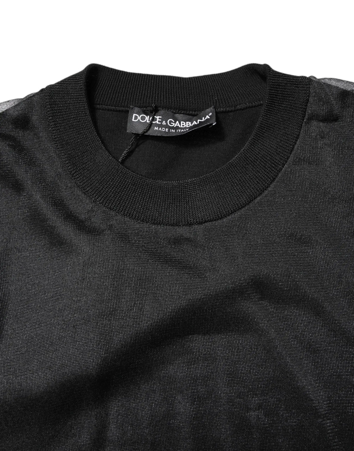 Pull dolce & gabbana noir en polyester avec col rond côtelé et détails en mesh transparent sur les épaules