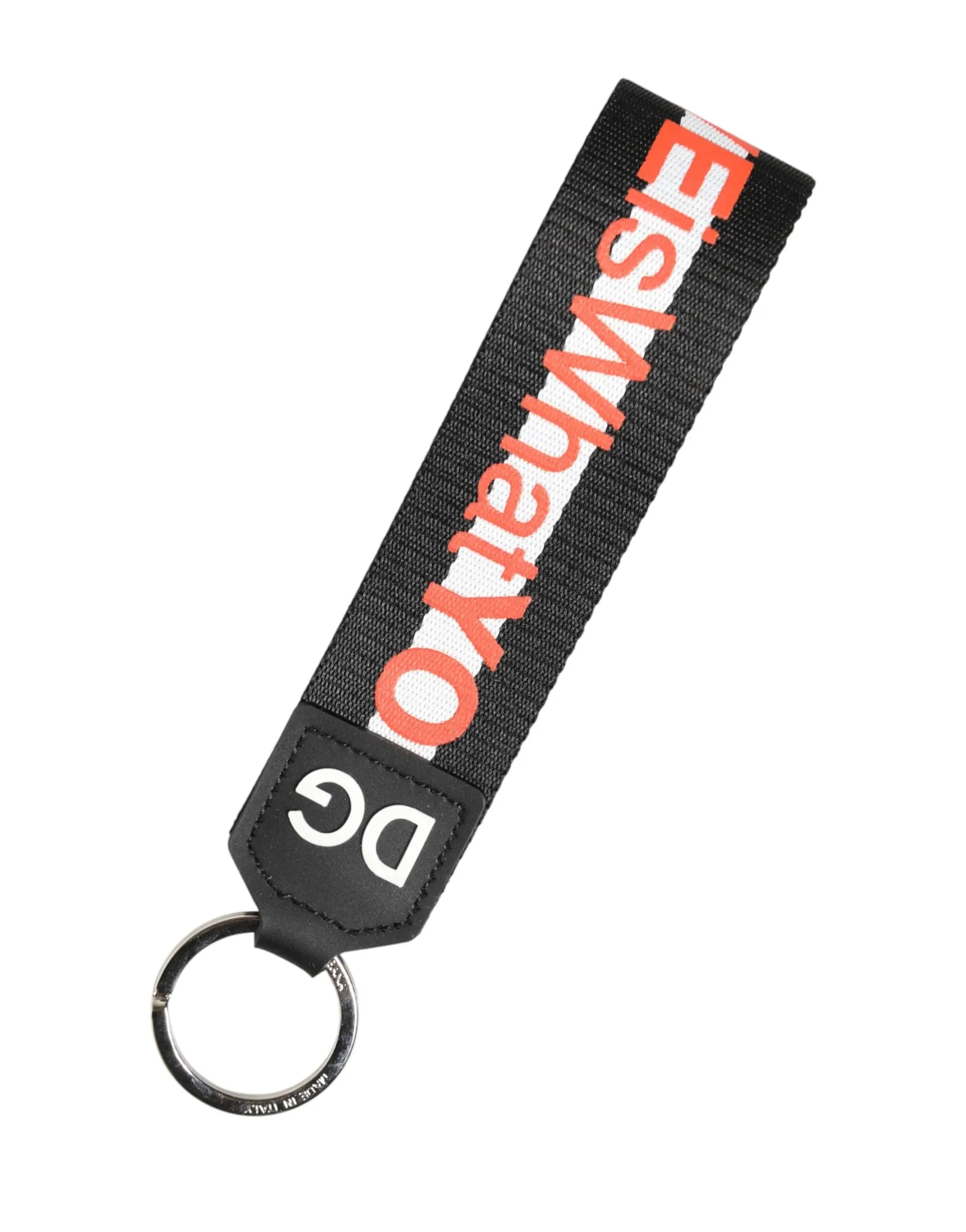 Dolce & gabbana porte-clés noir en polyester avec bracelet tressé et patch cuir logo dg text orange blanc