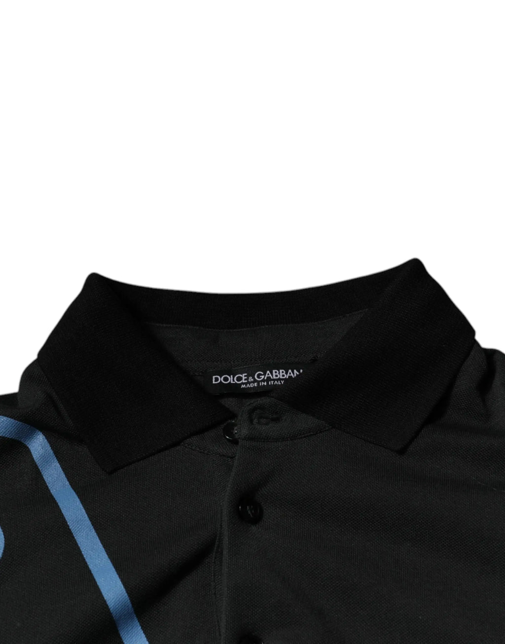 Polo noir dolce et gabbana en coton avec logo imprimé et fine rayure bleue subtile sur l’épaule