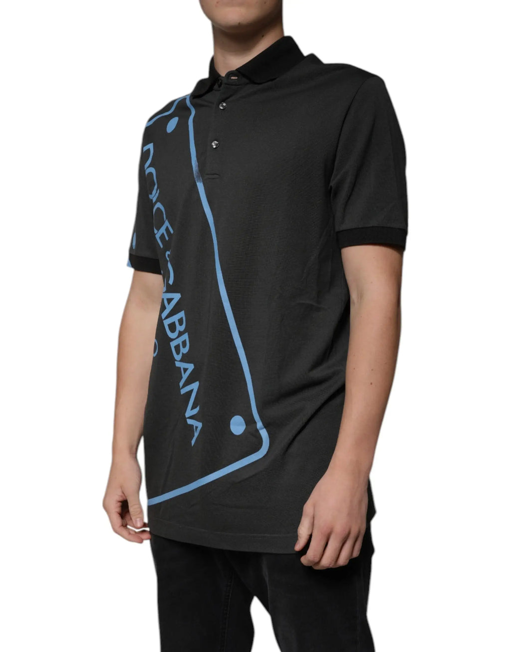 Polo noir dolce & gabbana en coton avec impression logo bleu clair et col contrastant pour homme