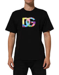 T-shirt dolce & gabbana noir à manches courtes en coton avec logo dg multicolore imprimé sur la poitrine