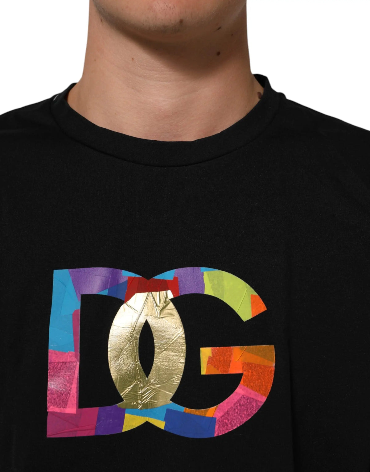 Dolce & gabbana t shirt noir en coton pour homme avec logo dc shoes multicolore et centre métallique doré