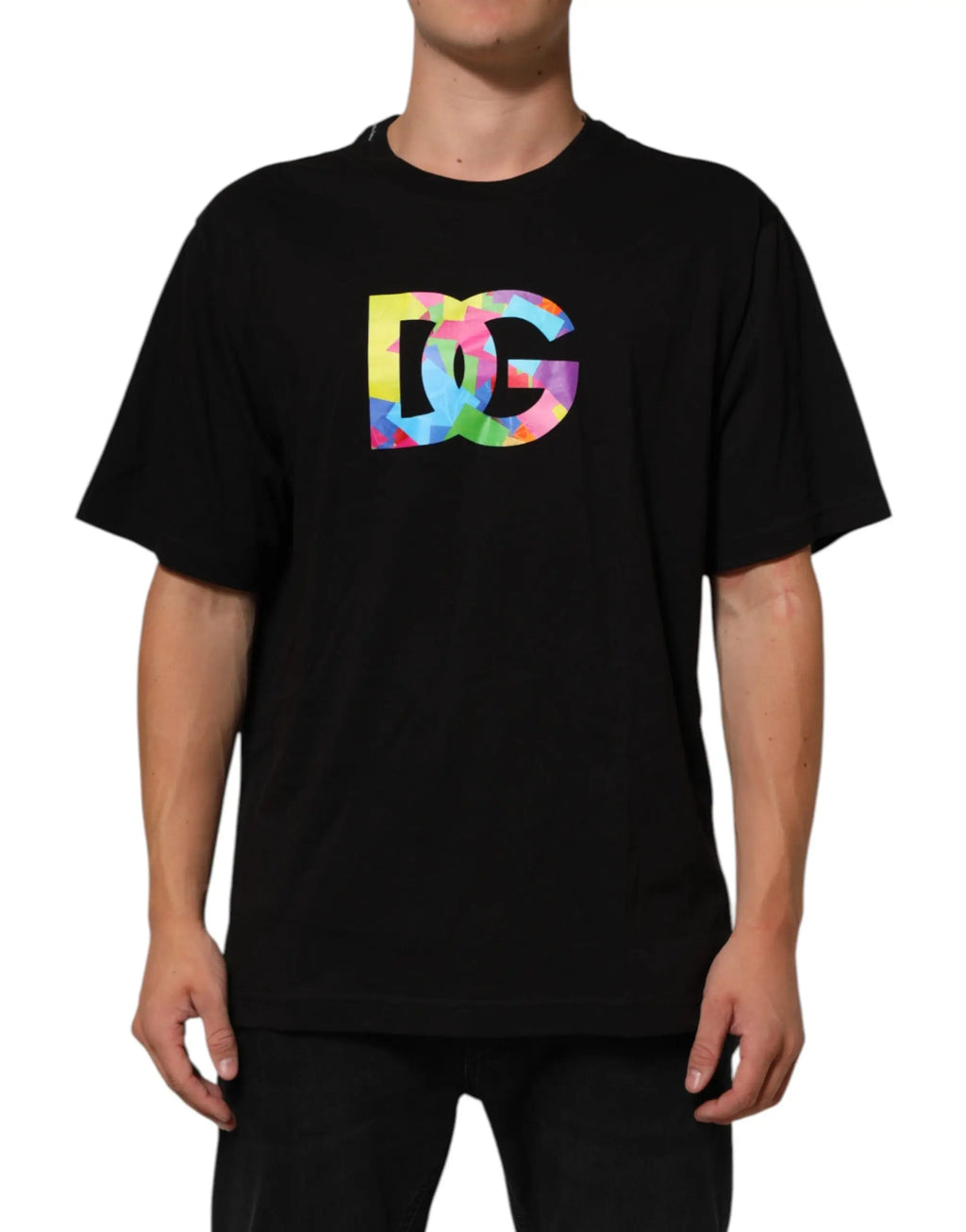 T-shirt noir dolce & gabbana en coton pour homme avec logo dc multicolore géométrique sur la poitrine