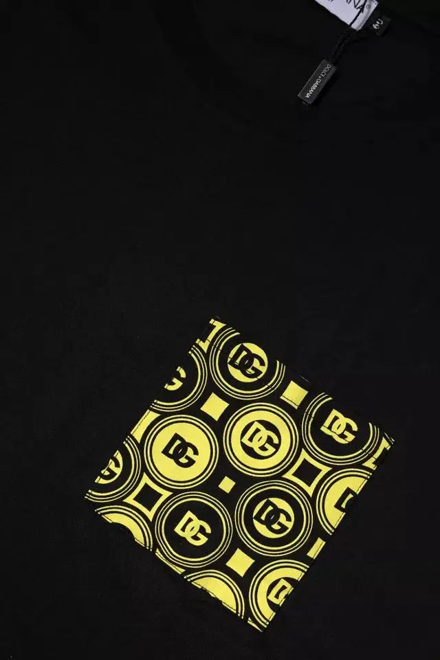 T shirt noir dolce gabbana en coton à manches courtes avec motif géométrique jaune et logos dg répétés