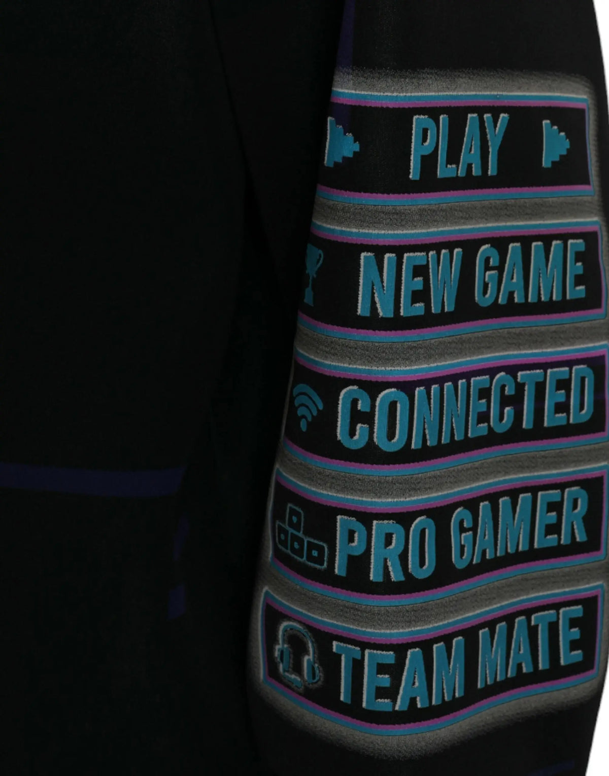 Manche noire avec bandes brodées jeux vidéo en teal et gris comprenant play new game pro gamer sur sweat à capuche dolce & gabbana