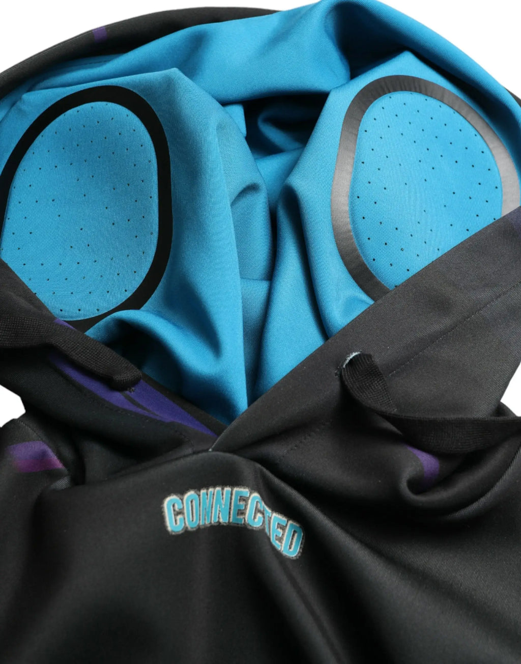 Sweat à capuche dolce & gabbana noir avec logo, accents bleu sarcelle et violet, panneaux circulaires perforés à l’intérieur de la capuche