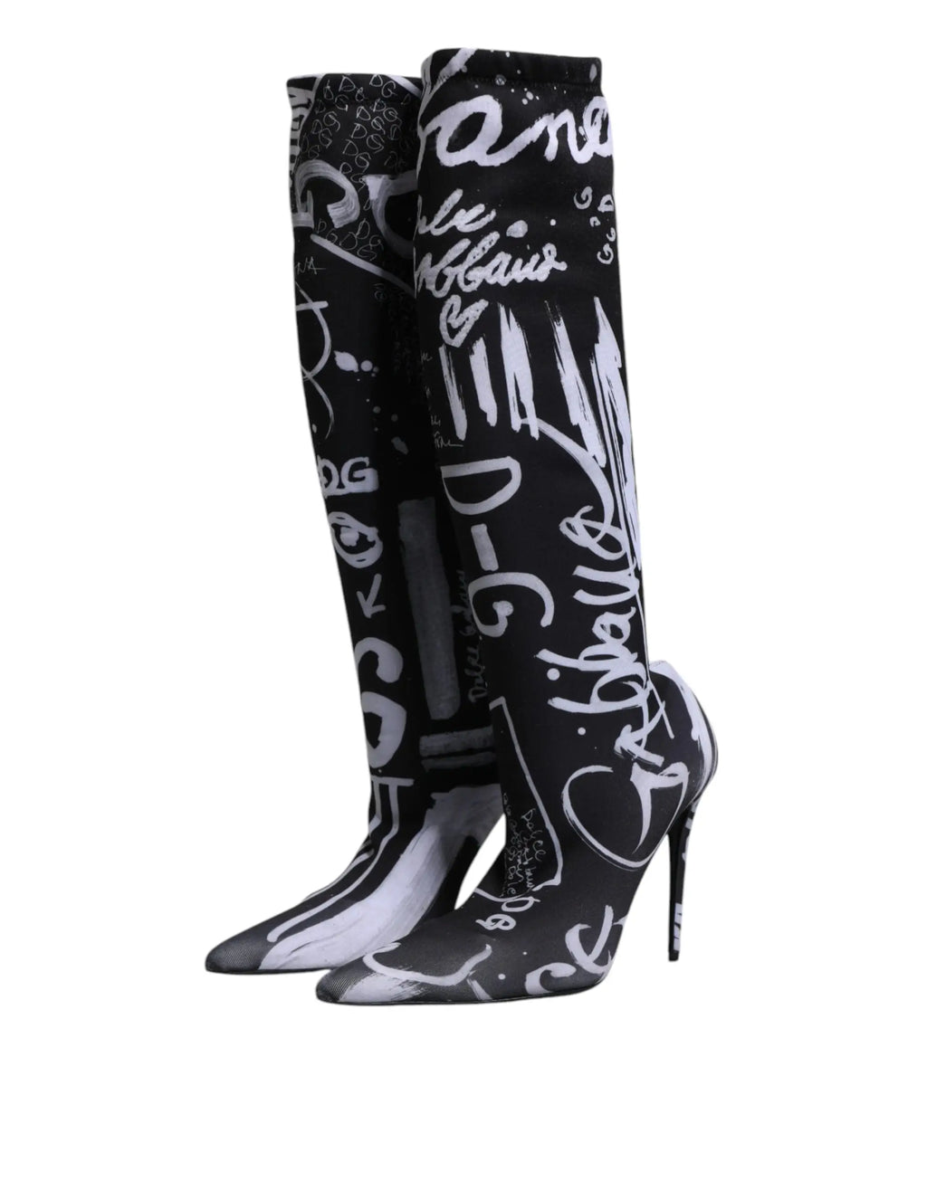 Dolce & gabbana bottes hautes noires en stretch avec talons et motifs graffiti blancs style logo