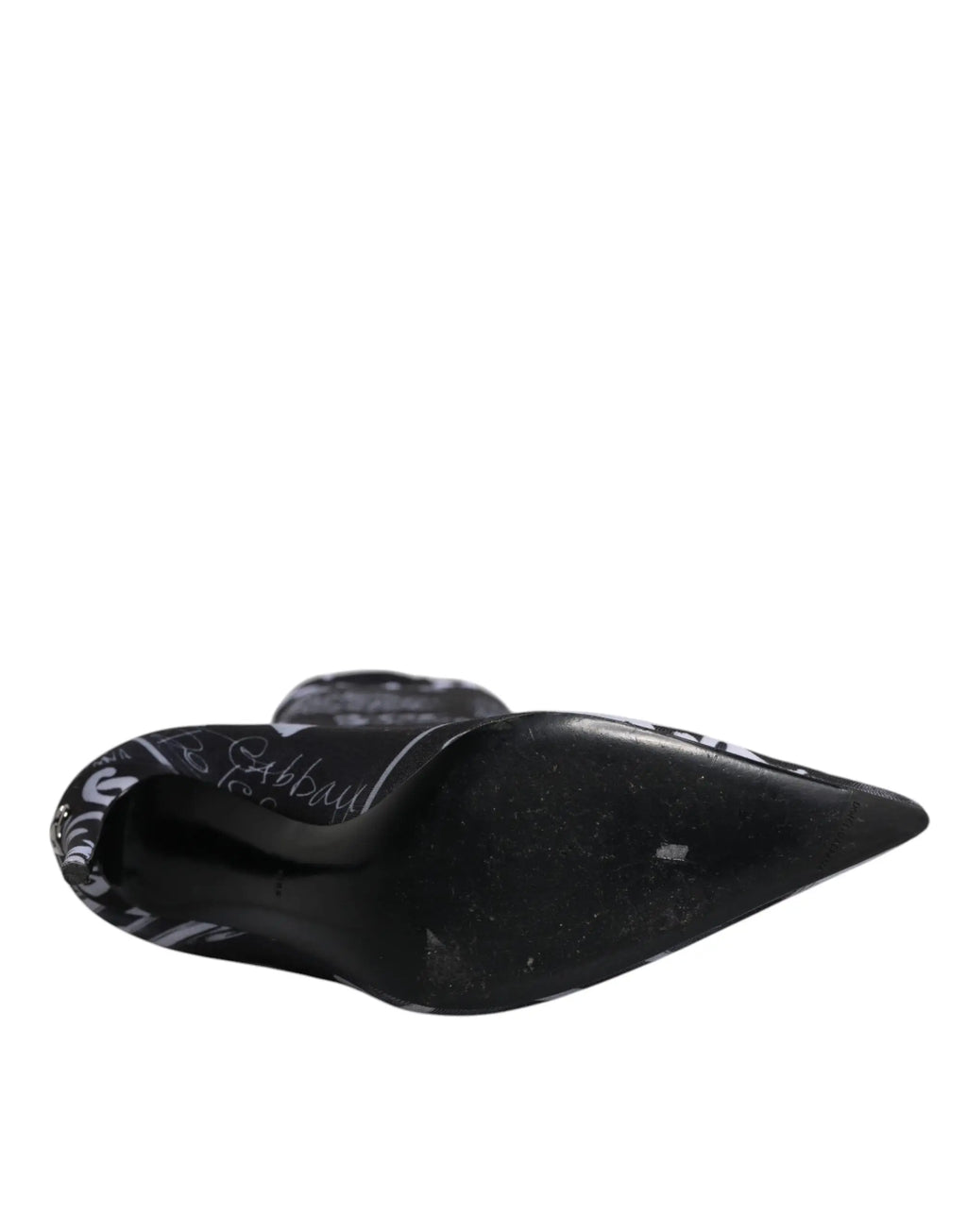 Dolce & gabbana black logo stretch heels high boots with glossy black pointed toe and white abstract side pattern