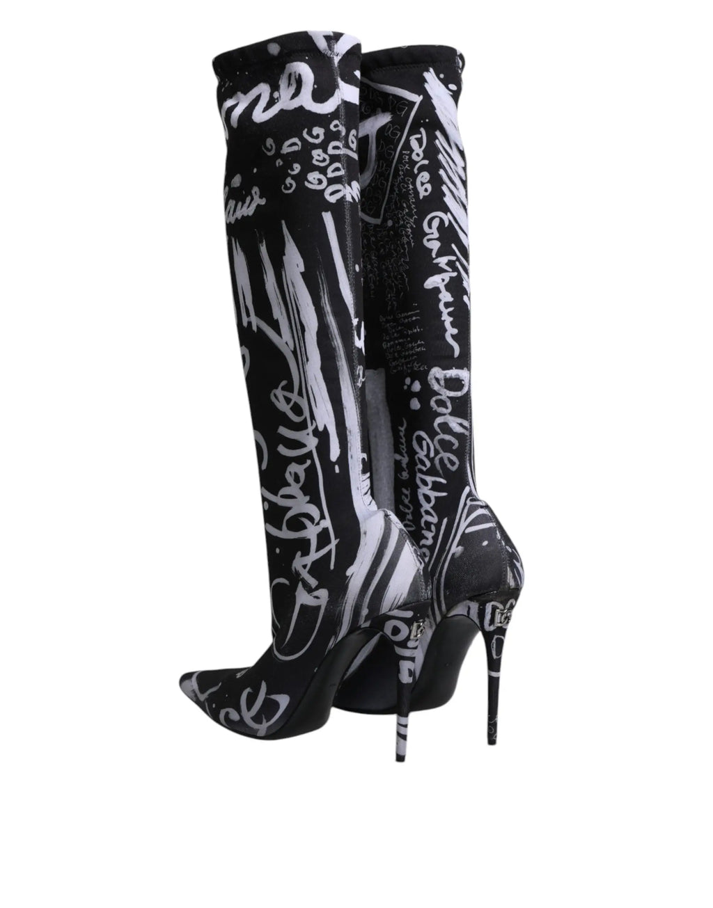 Dolce & gabbana bottes hautes stretch stilettos noires et blanches imprimé graffiti noir et blanc vue arrière