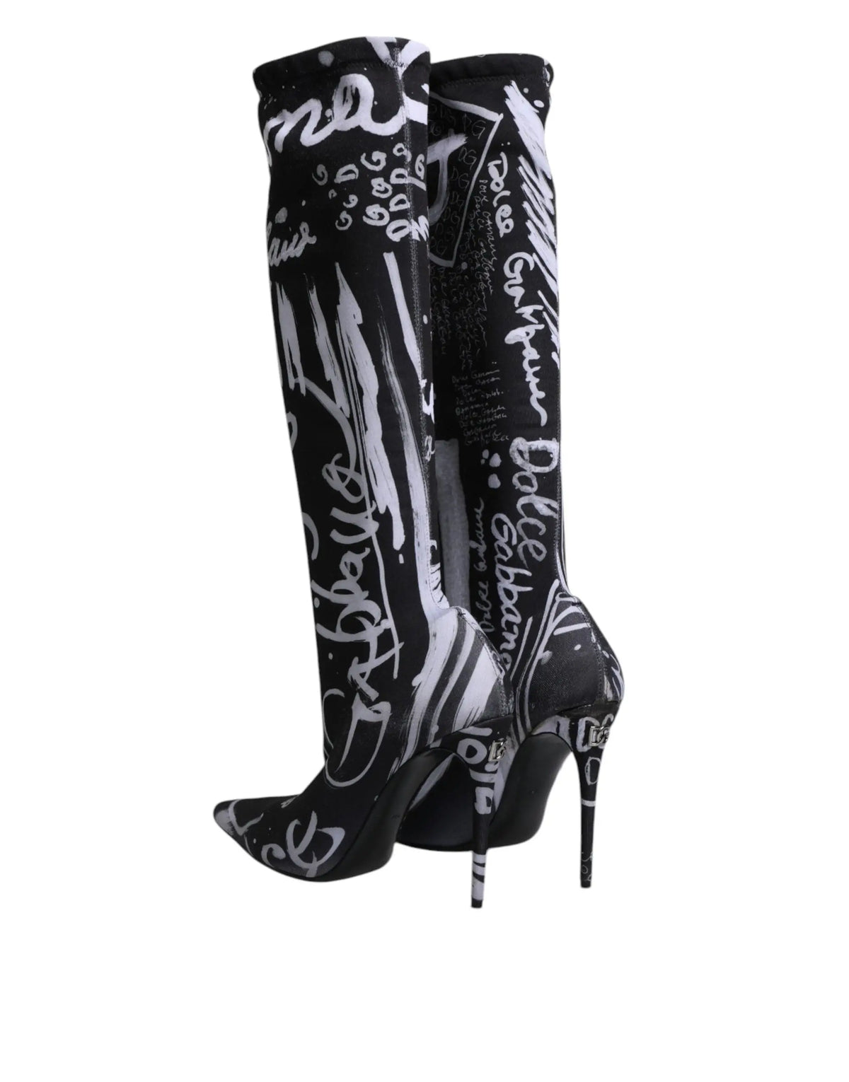 Dolce & gabbana bottes hautes stretch stilettos noires et blanches imprimé graffiti noir et blanc vue arrière