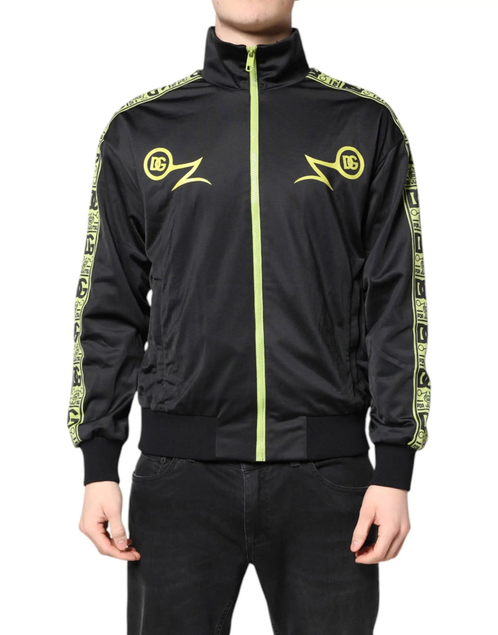 Dolce & Gabbana bomber zip noir en tissu technique avec fermeture et bandes vert néon et logo z de dc comics