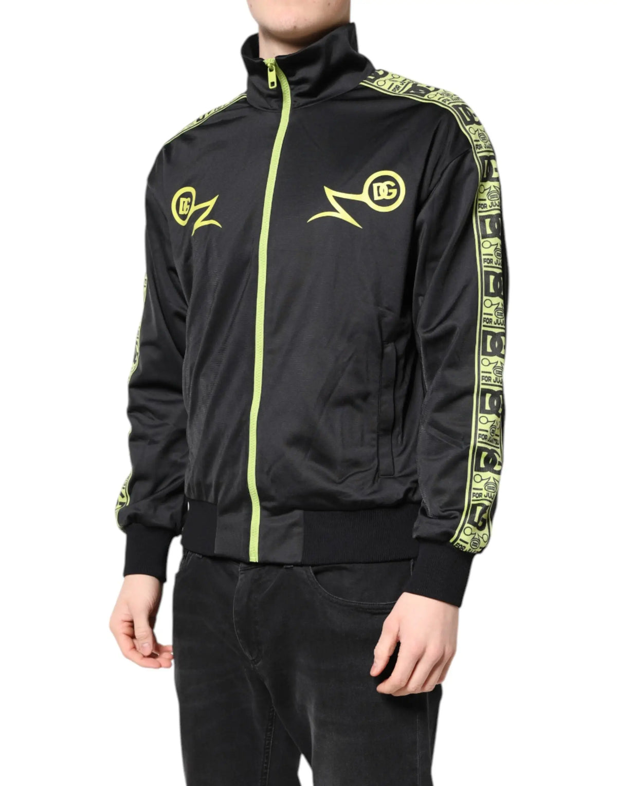 Dolce & gabbana black logo turtleneck zip bomber jacket with neon green zipper and sleeve stripes in black fabric