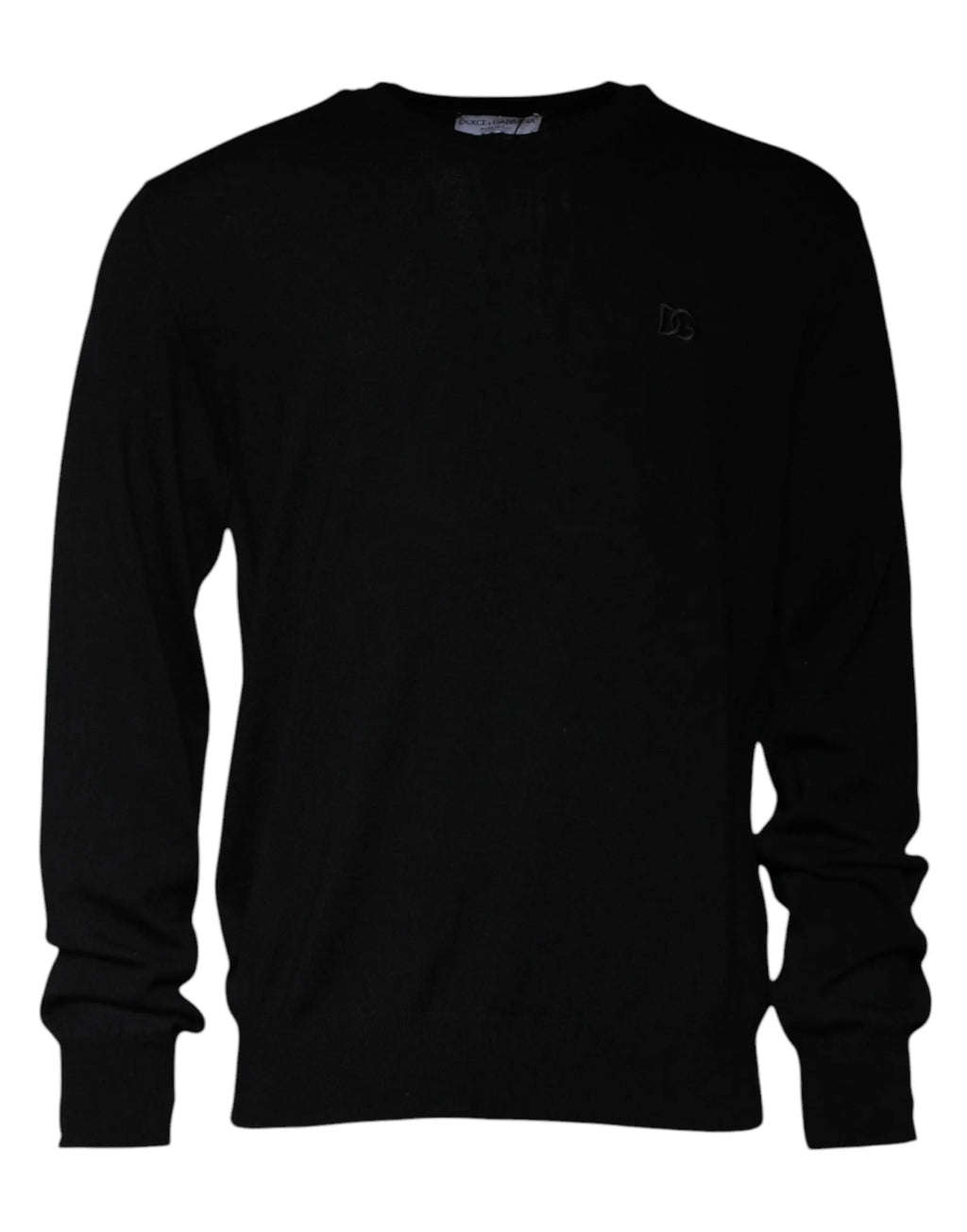 Pull tricoté noir dolce & gabbana en laine avec logo brodé subtil sur la poitrine côté gauche manches longues col rond